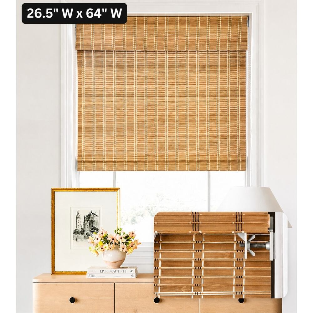 LazBlinds No Tools No Drill Cordless Bamboo Roman Shades Blinds 26.5'' x 64"